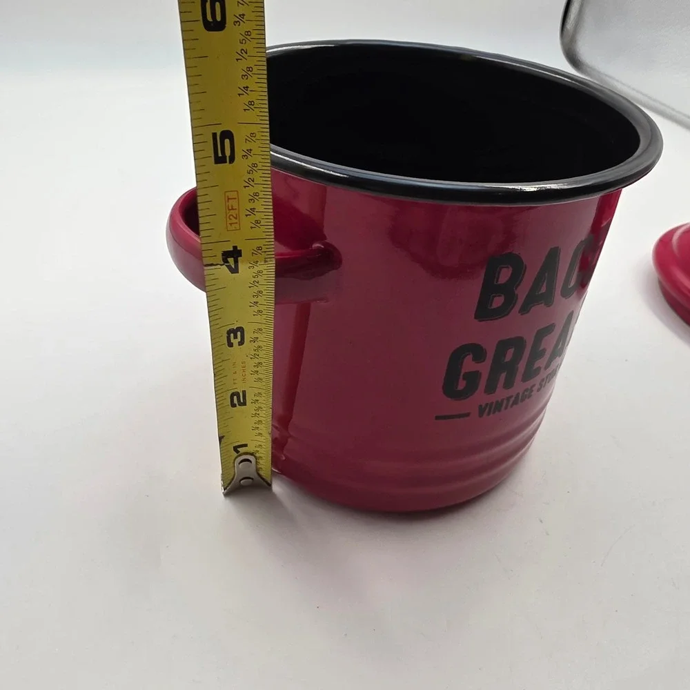 Red Enamelware Bacon Grease Vintage Storage Canister Lid Farmhouse Kitchen T3